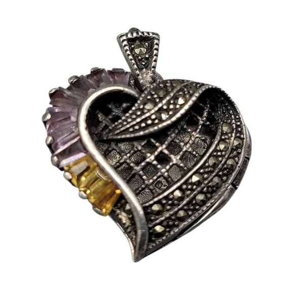 Sterling Silver Amethyst Citrine Marcasite Heart Locket Pendant Vintage 9.18G - Picture 1 of 10